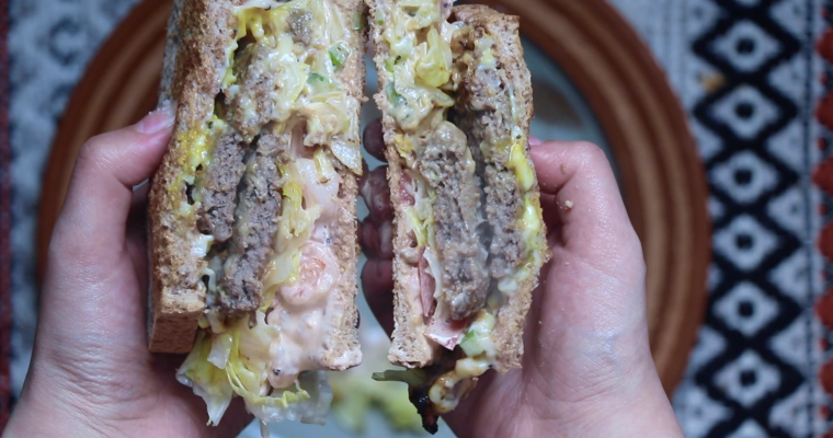 Quarantine/isolation Burger -Shrimp and beef burger – with Sriracha burger sauce