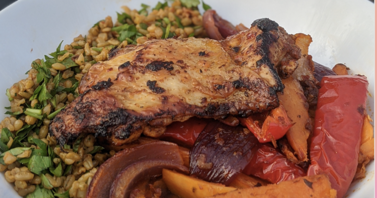 Grilled Chicken and Freekeh Salad with harissa & Rose petals marinated roasted vegetables