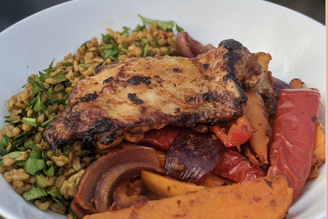 Grilled Chicken and Freekeh Salad with harissa & Rose petals marinated roasted vegetables