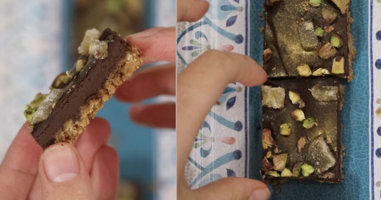 vegan dark chocolate, ginger and pistachio squares – vegan Christmas treats