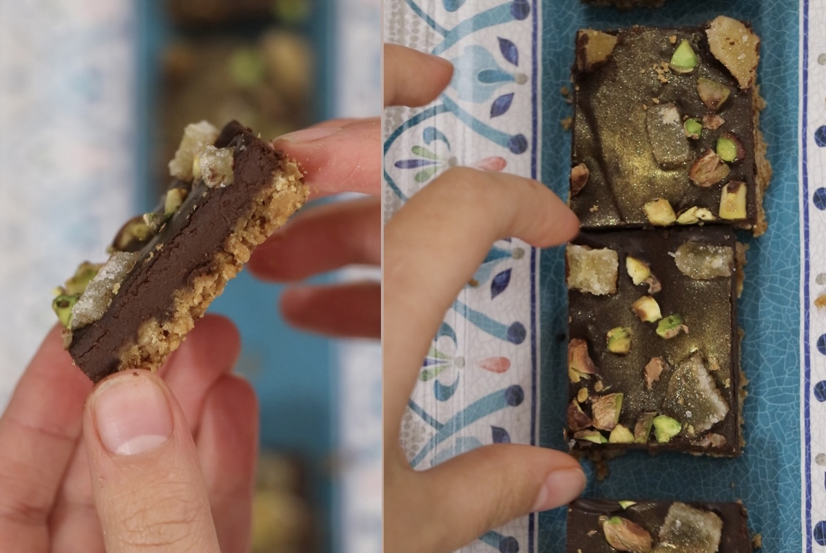vegan dark chocolate, ginger and pistachio squares – vegan Christmas treats