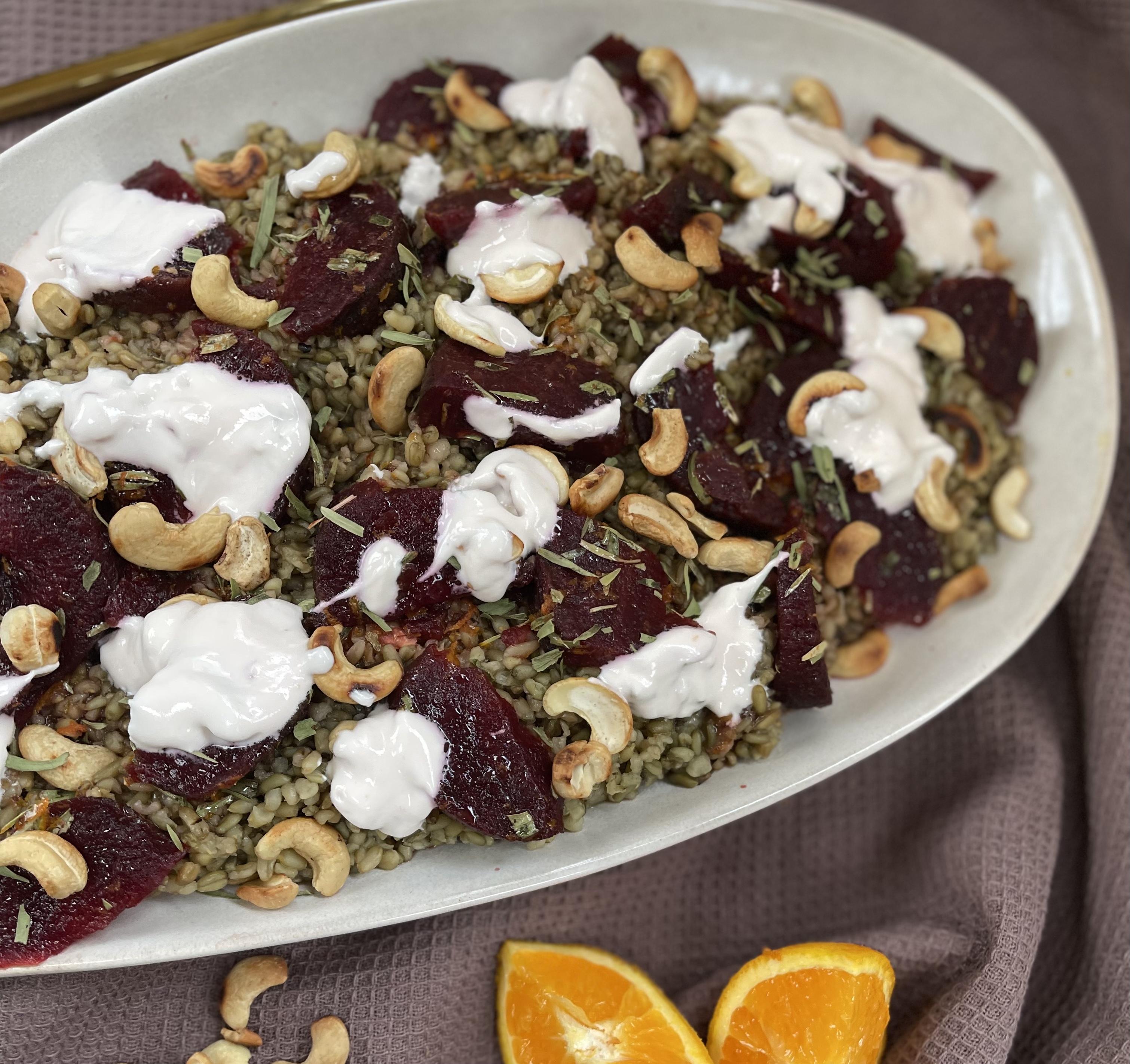 Healthy Mediterranean Bowl with freekeh and honey roasted beetroot