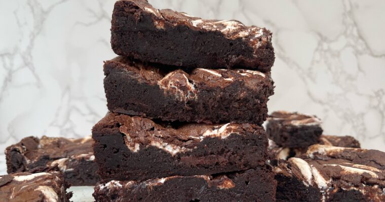 The best chocolate fudge brownie with strawberry compote and marshmallow fluff